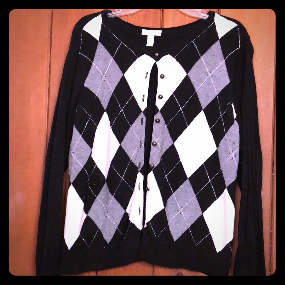 Black and gray argyle cardigan sweater